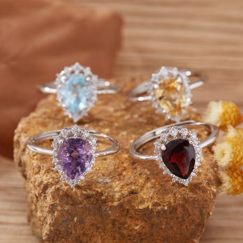 S925 Sterling Silver Ring Inlaid With Natural Pear Cut Gemstones